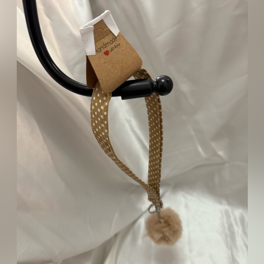 Handmade Brown and White Polka Dot Wristlet Keychain with Light Brown Pompom